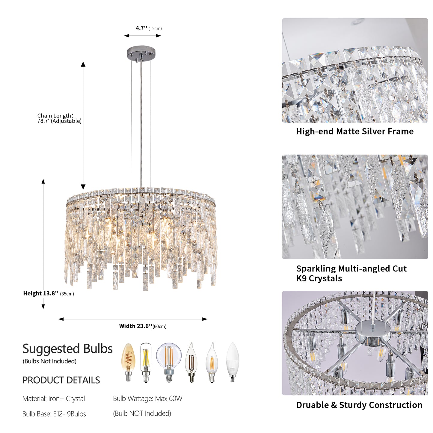 Deluxe round silver crystal chandelier, modern rectangular chandelier (excluding light bulbs)