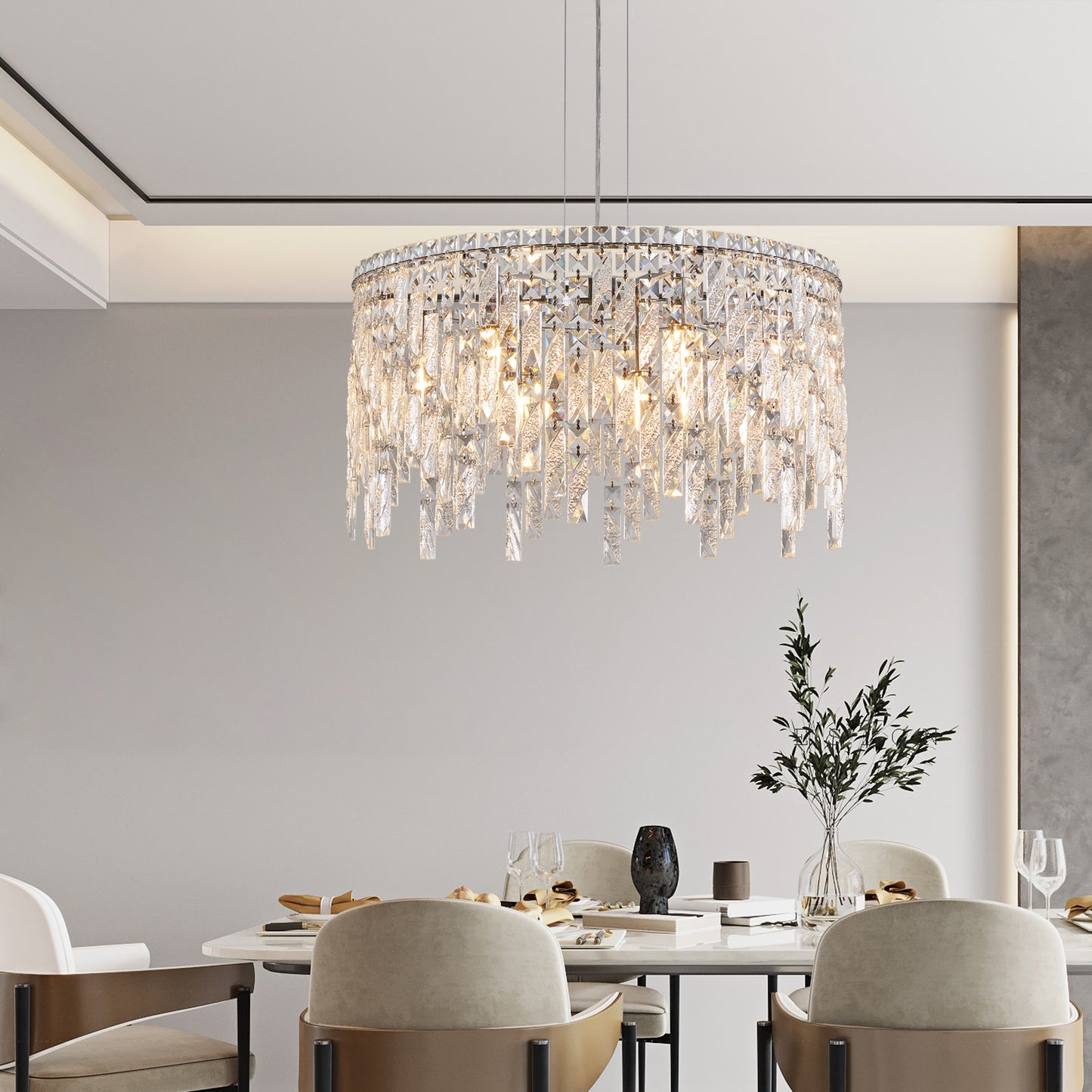 Deluxe round silver crystal chandelier, modern rectangular chandelier (excluding light bulbs)